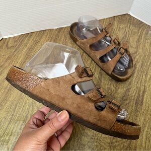 Birkenstock Brown Leather Three Strap Cork Sole Slide Sandals Size 9